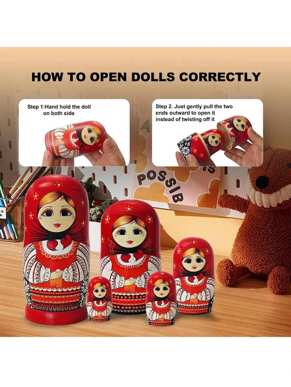Traditional Russian Red Matryoshka Nesting Doll Set - 10 Pieces